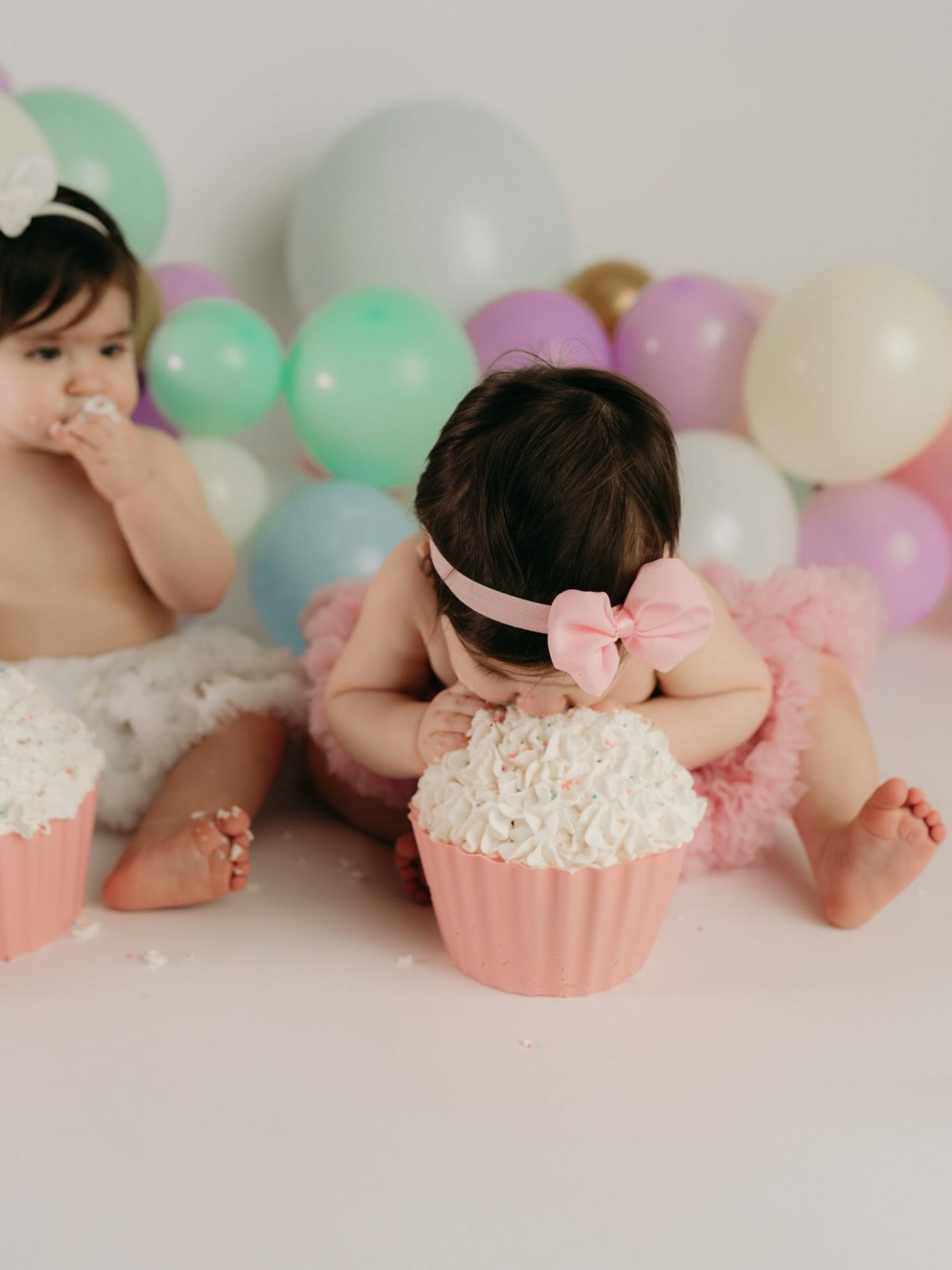cake smash photo session twin girls