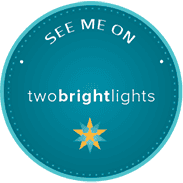A teal circular badge with the text "SEE ME ON twobrightlights" and a yellow and blue starburst design at the bottom center. Melinda Gilmore Photography - Maternity & Newborn Photographer - Louisiana